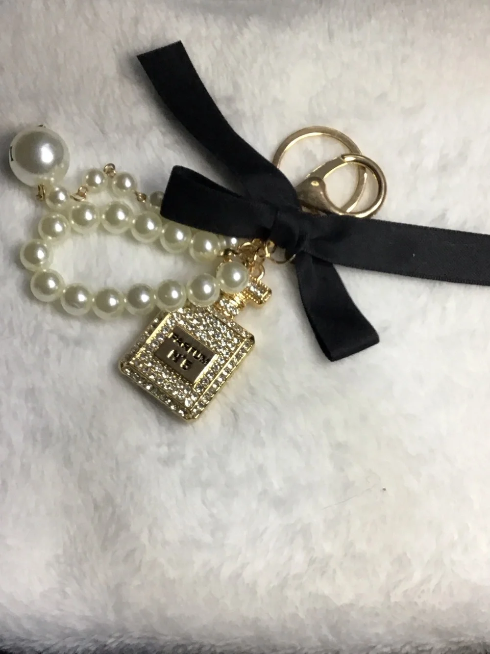 Pearl and Gold Perfume Bottle Keychain with Black Ribbon